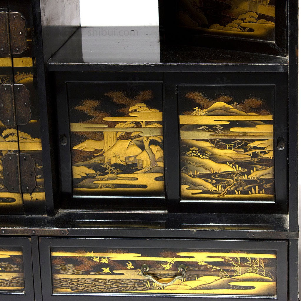 Lacquered Cha Dansu with Maki-e Landscape Japanese Antique Tea Tansu