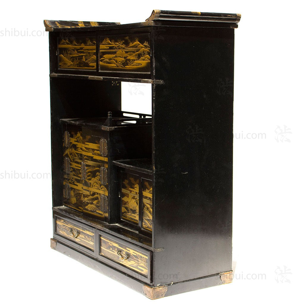 Lacquered Cha Dansu with Maki-e Landscape Japanese Antique Tea Tansu