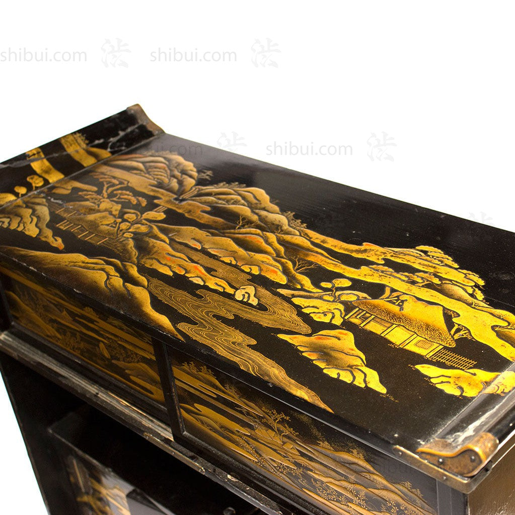 Lacquered Cha Dansu with Maki-e Landscape Japanese Antique Tea Tansu
