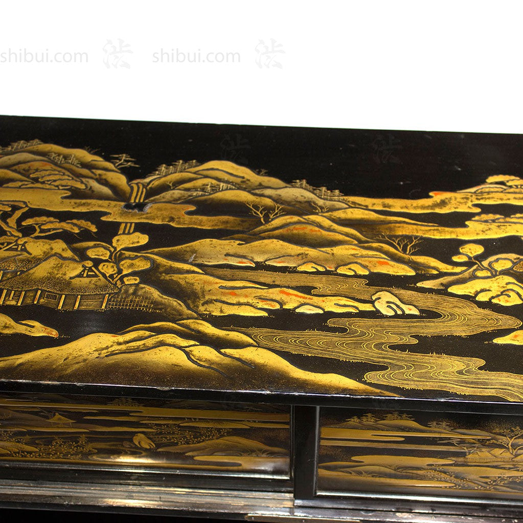 Lacquered Cha Dansu with Maki-e Landscape Japanese Antique Tea Tansu