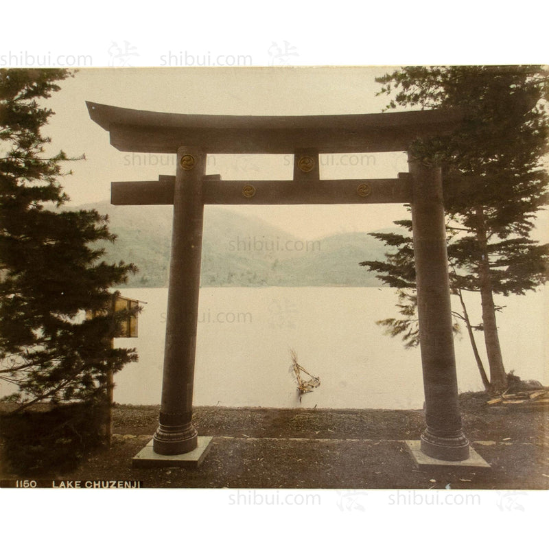 Chuzenji Lake with Torri Gate |  Hand Tinted Antique Albumen Print.