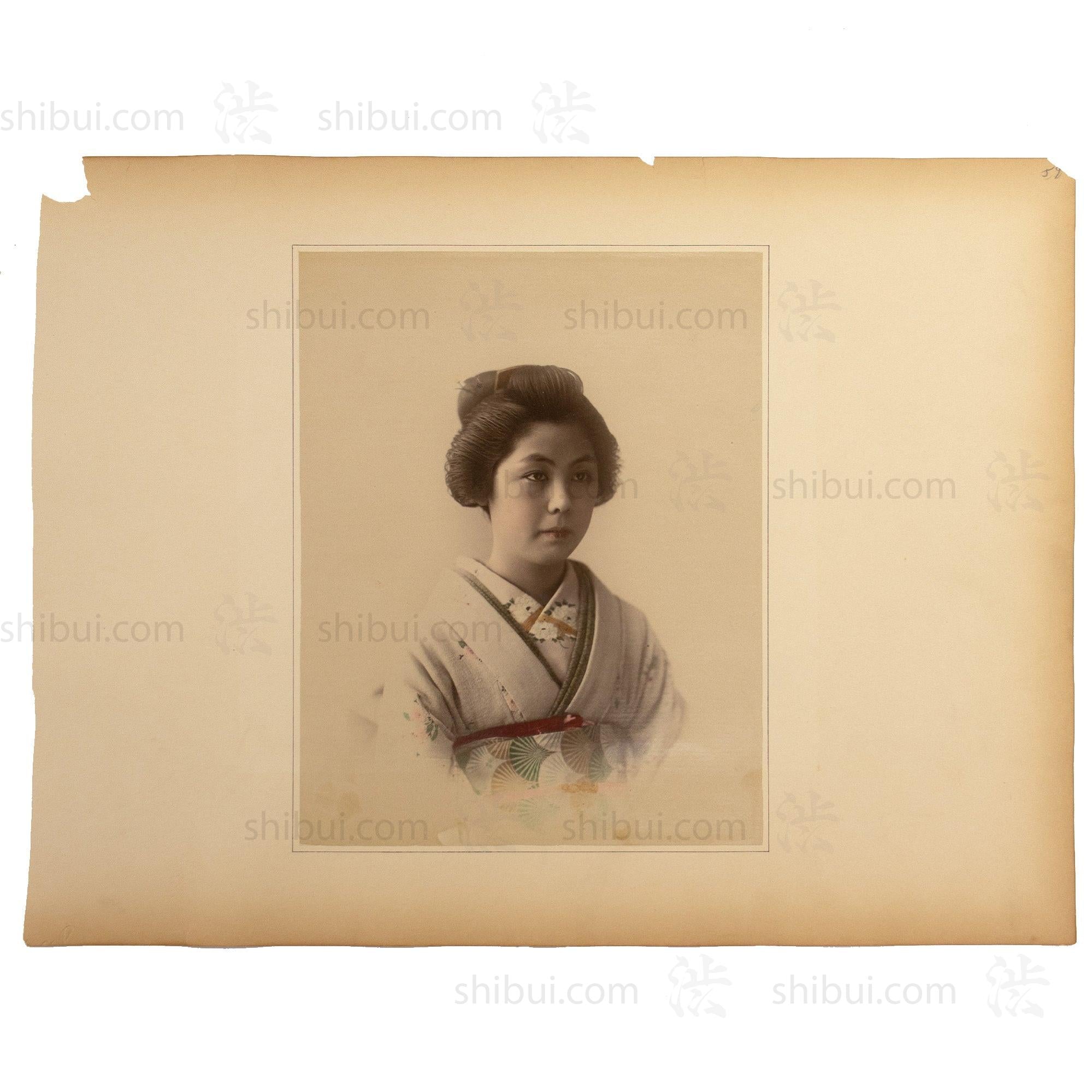 Hand Tinted Albumen Portrait of a Young Woman in Chirimen Kimono