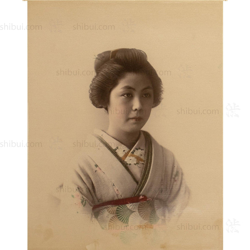 Hand Tinted Albumen Portrait of a Young Woman in Chirimen Kimono