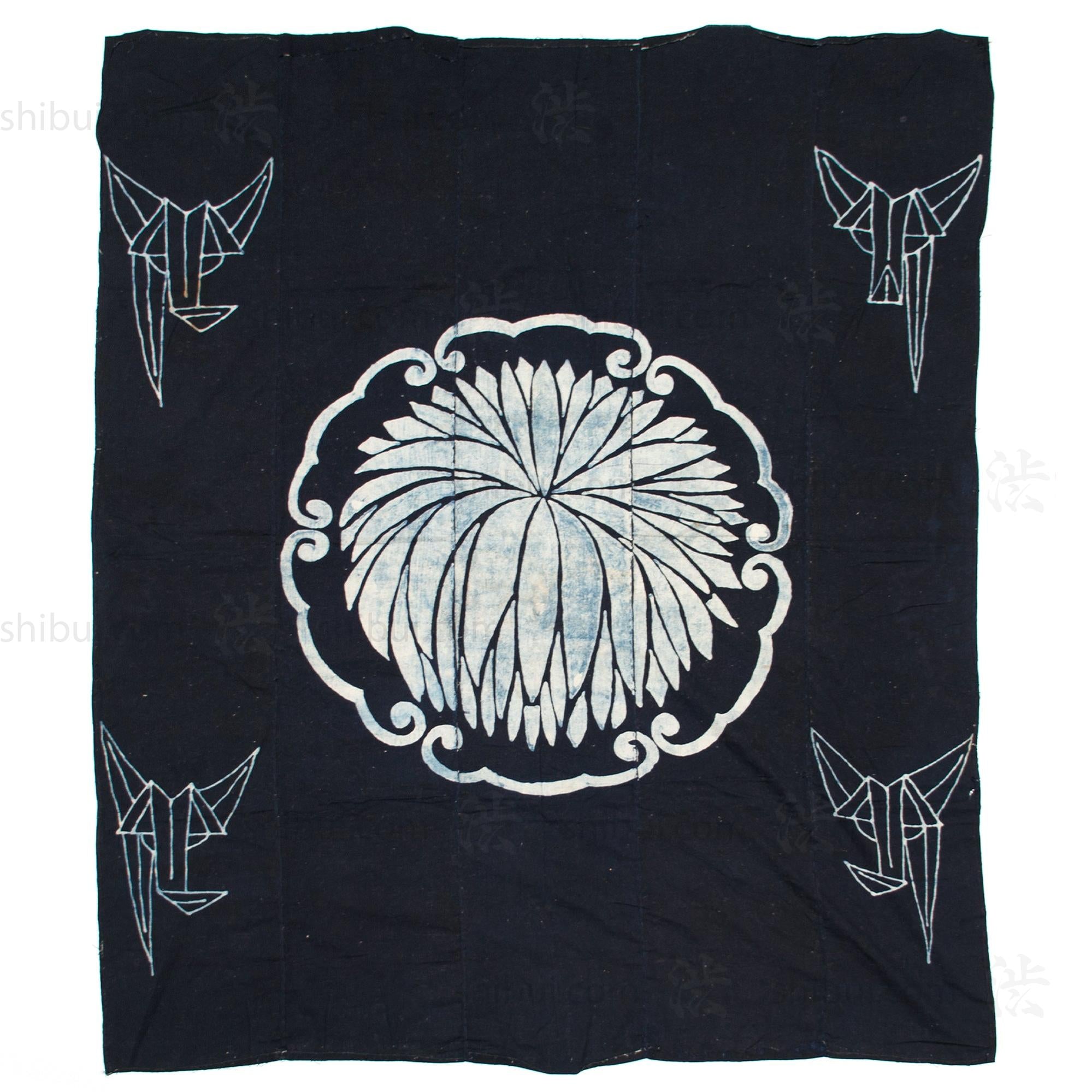 Large Indigo Tsutsugaki Futonji with Chrysanthemum and Paper Crane Motif