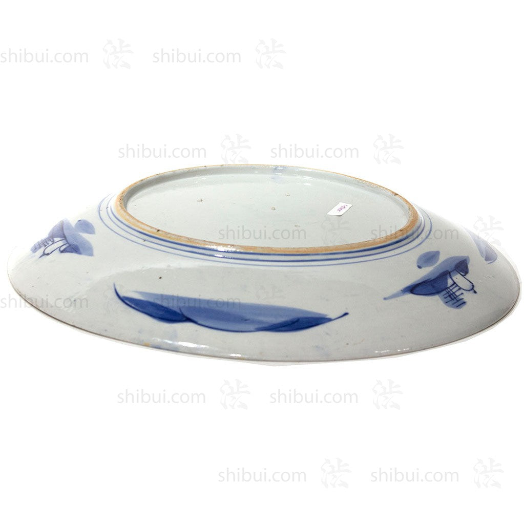 Meiji Era Japanese Antique Ceramic Serving Plate | Blue and White | Hand Painted with Landscape, Temples and Man on Bridge | Japanese Decor