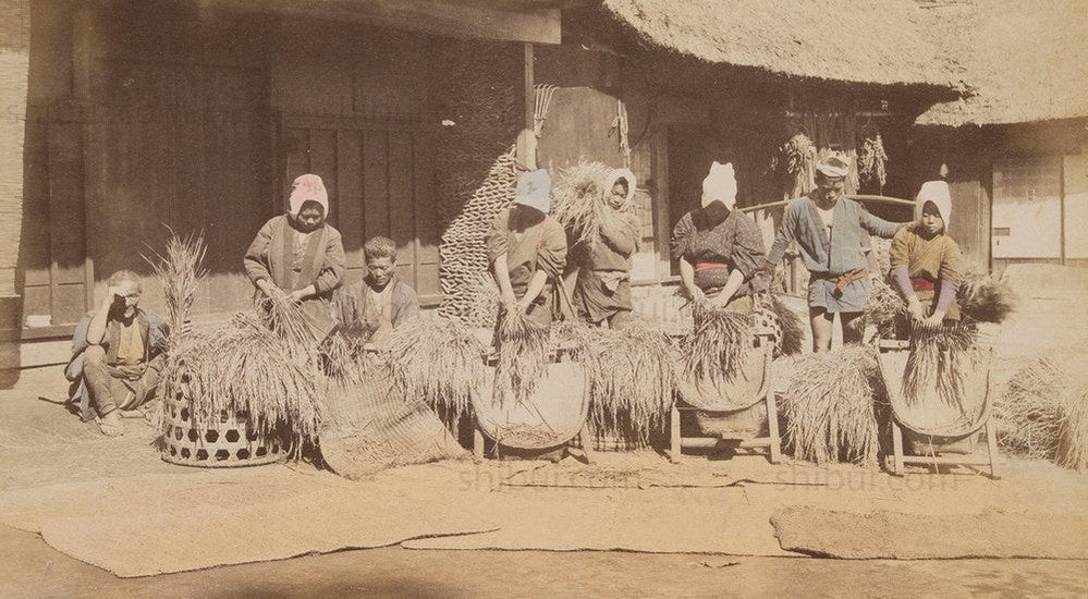 Hand-tinted Meiji Era Photograph | Rice Threshers | Japanese Antique Photography | Albumen Photography | Japanese Decor