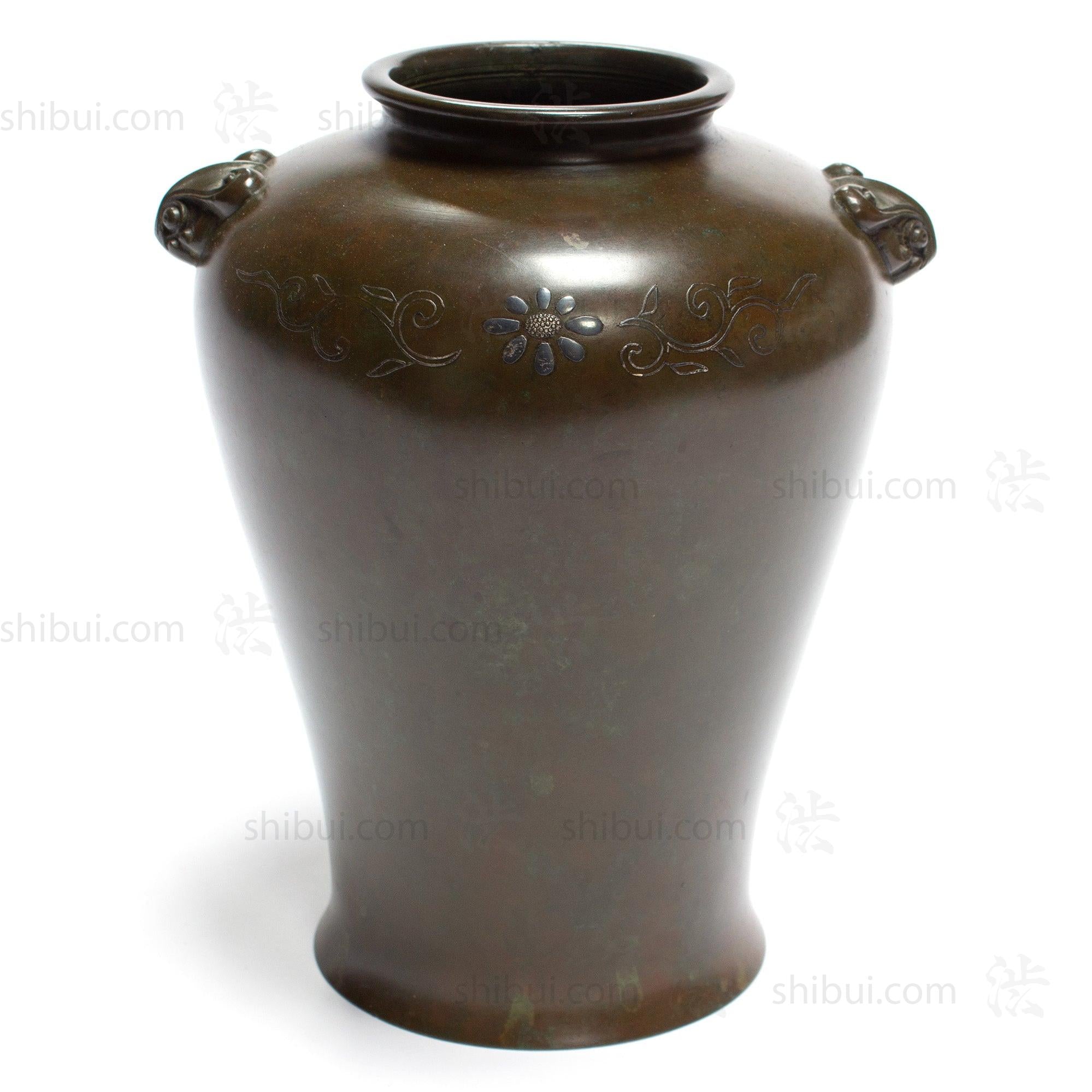 Taisho era Bronze Flower Vase with mixed metal and silver inlay
