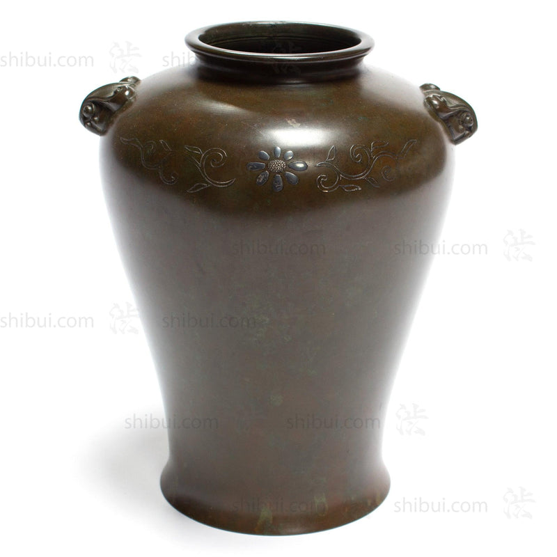 Taisho era Bronze Flower Vase with mixed metal and silver inlay