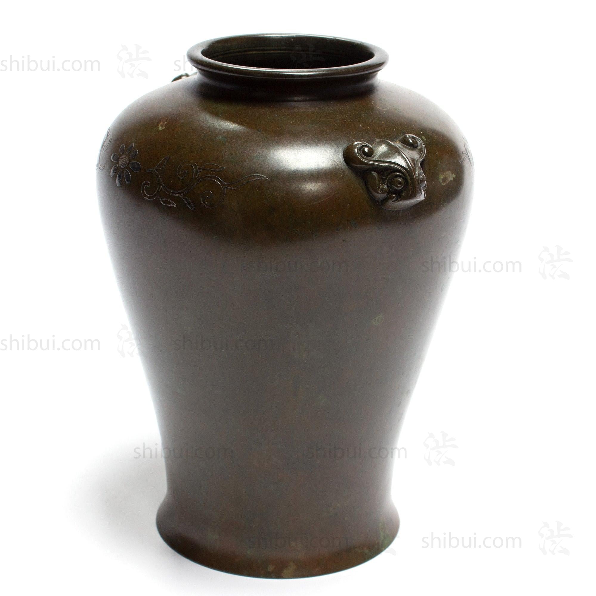 Taisho era Bronze Flower Vase with mixed metal and silver inlay