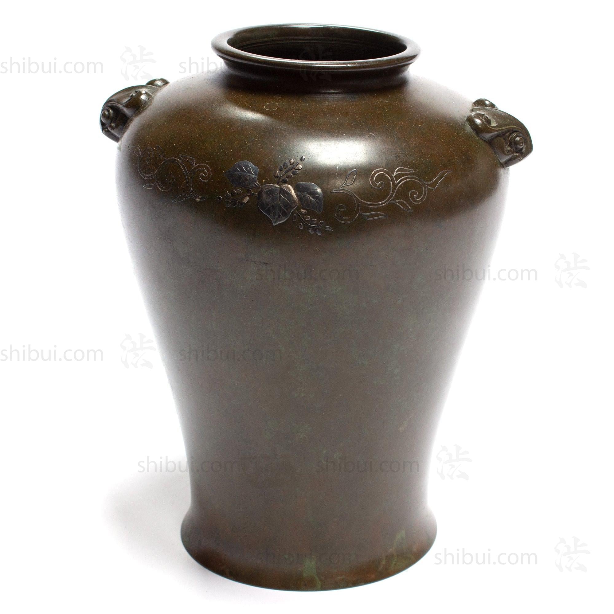 Taisho era Bronze Flower Vase with mixed metal and silver inlay