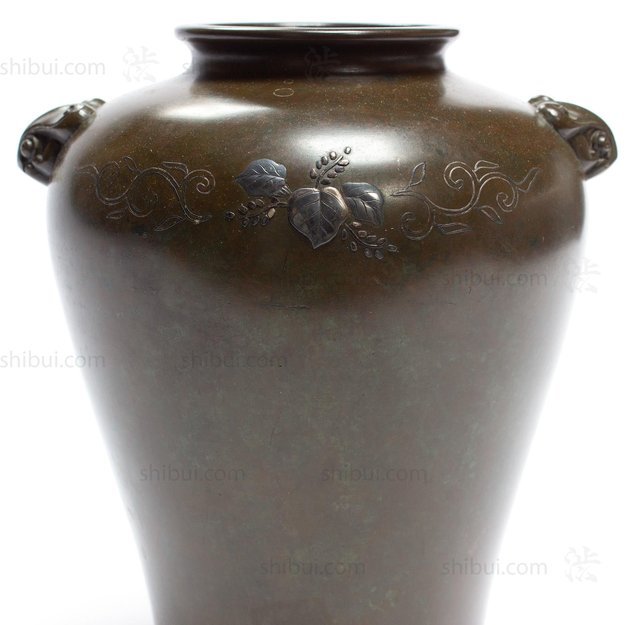Taisho era Bronze Flower Vase with mixed metal and silver inlay