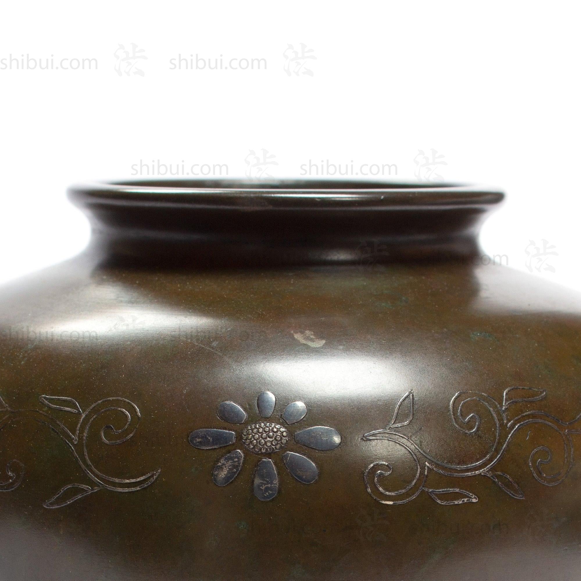 Taisho era Bronze Flower Vase with mixed metal and silver inlay