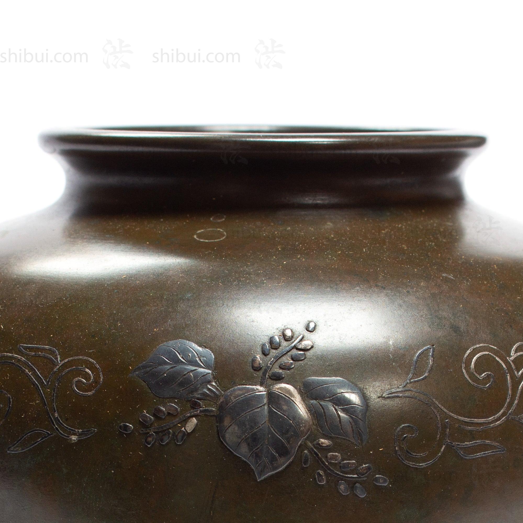 Taisho era Bronze Flower Vase with mixed metal and silver inlay