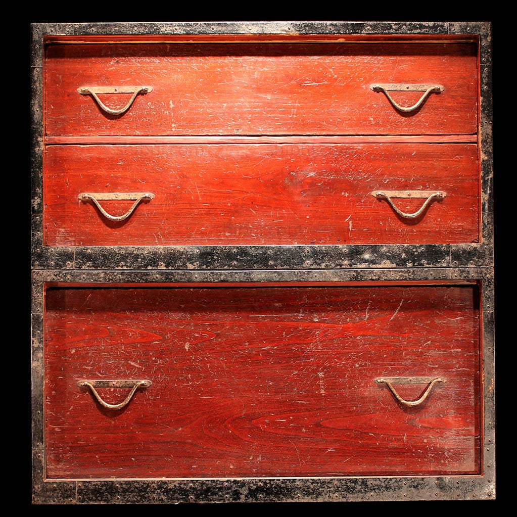 Hangai - Two Section Ships Clothing Chest Japanese Antique Tansu Iron Hardware