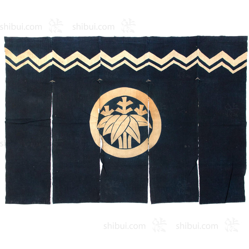 Japanese Indigo Noren with Bamboo Leaf Mon (family crest)