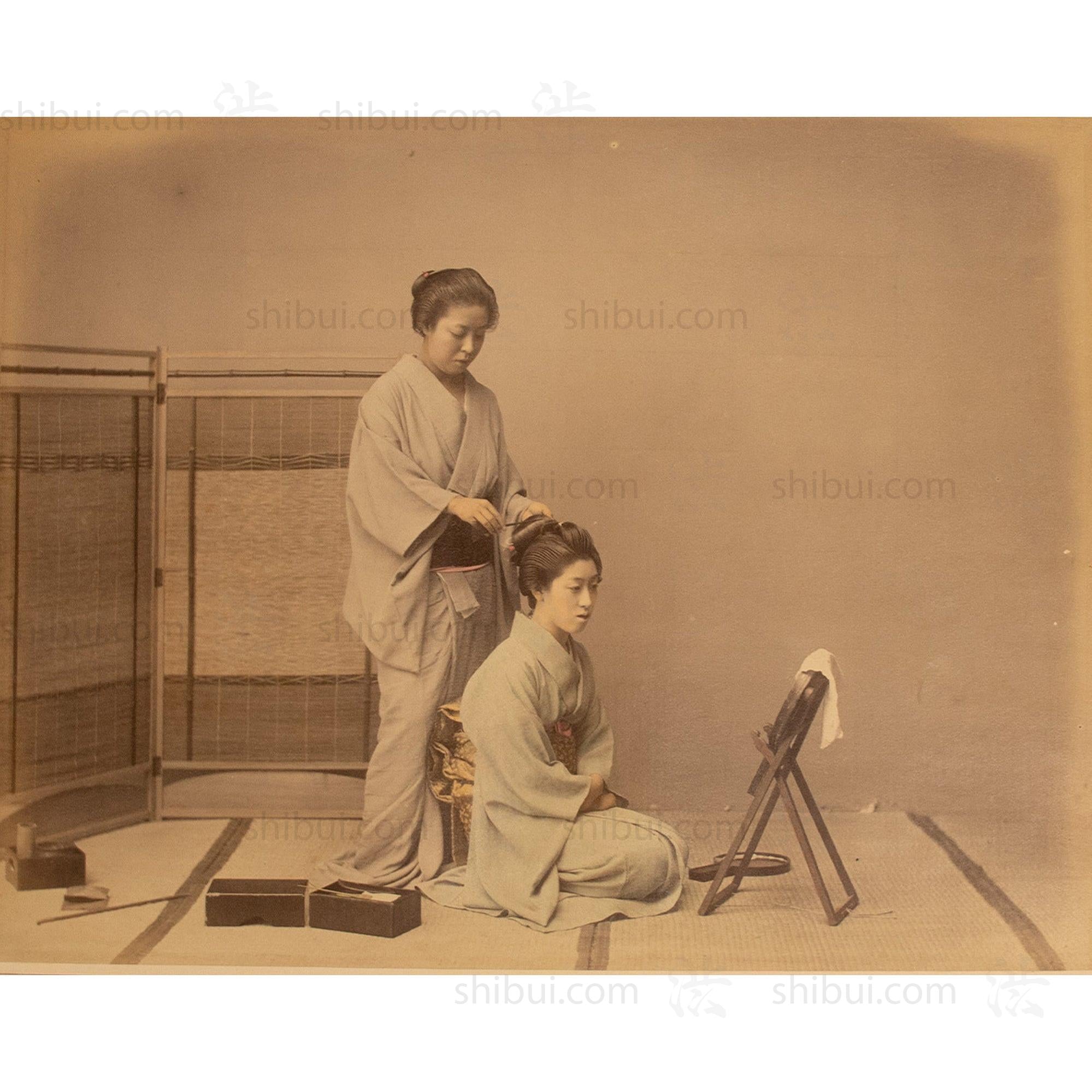 Japanese Antique Hand Tinted Albumen Photo of Hair Dressing