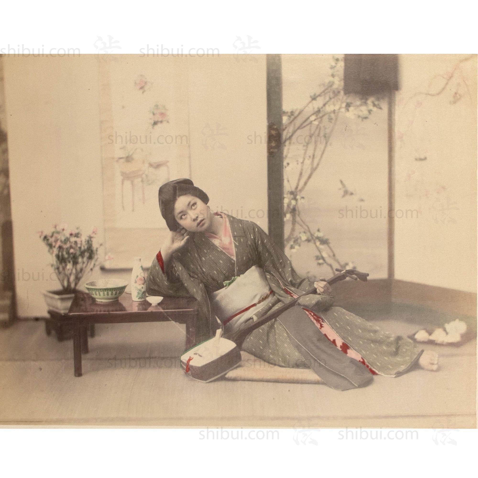 Female Musician | Hand Tinted Japanese Albumen Photograph