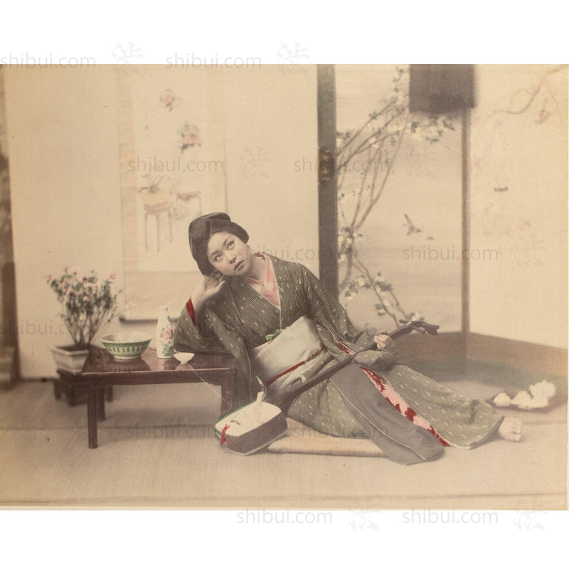 Female Musician | Hand Tinted Japanese Albumen Photograph