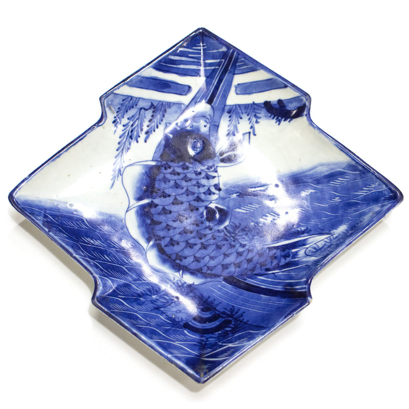 Arita Ware Diamond Koi Dish | Antique Japanese Blue and White Plate