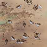 Contemporary Sparrows Gleening Near Rice Sheafs Scroll