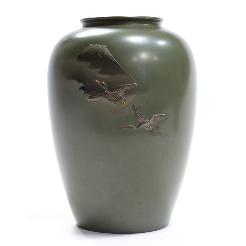 Green Copper Vase Depicting Mount Fuji and Cranes