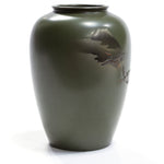 Green Copper Vase Depicting Mount Fuji and Cranes