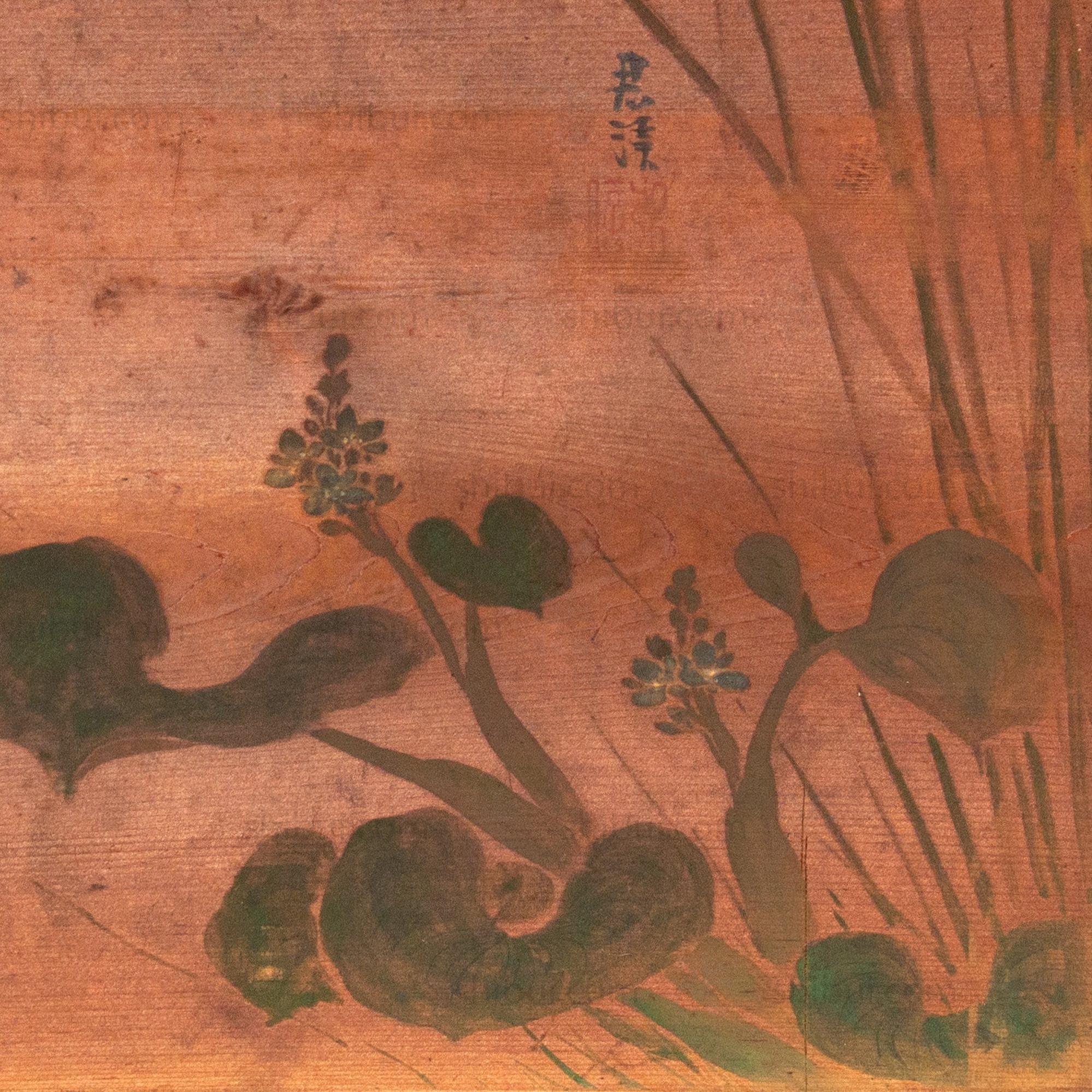 Antique Japanese Buddhist Temple Ceiling Painting with Reeds and Flowe ...