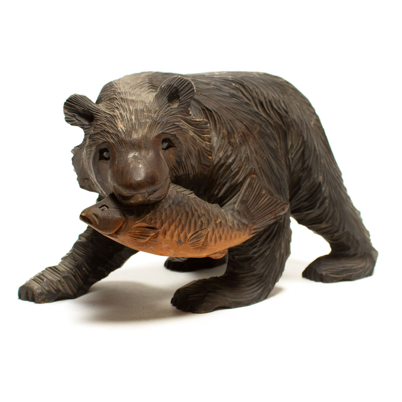 Kibori Kuma | Hand Carved Wood Bear | Japanese Hand Carved Bear with Salmon