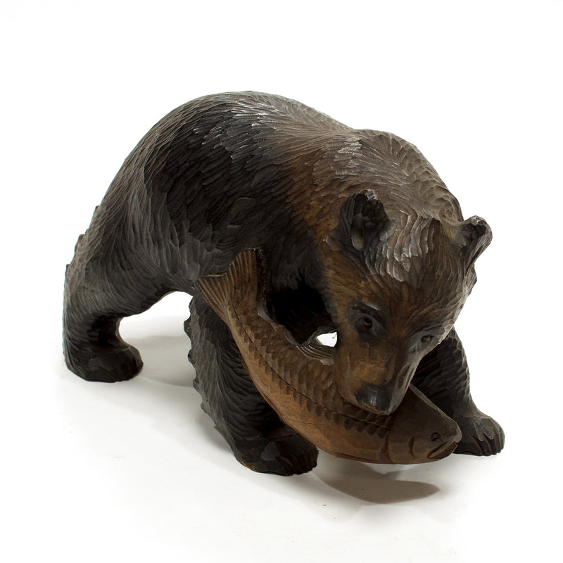 Kibori Kuma | Hand Carved Wood Bear | Japanese Hand Carved Bear with Salmon