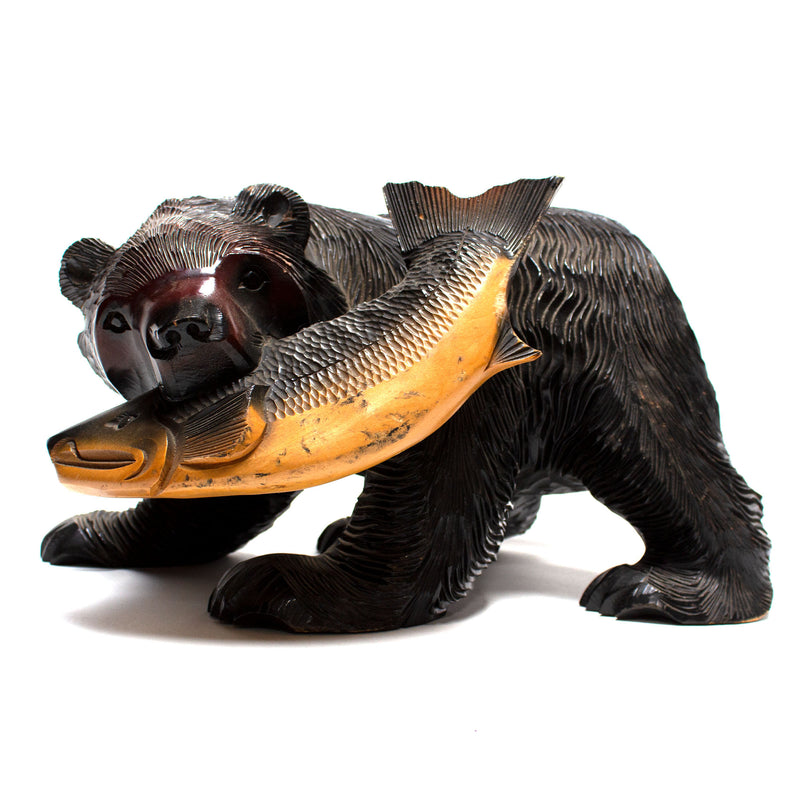 Kibori Kuma | Hand Carved Wood Bear | Japanese Hand Carved Bear with Salmon