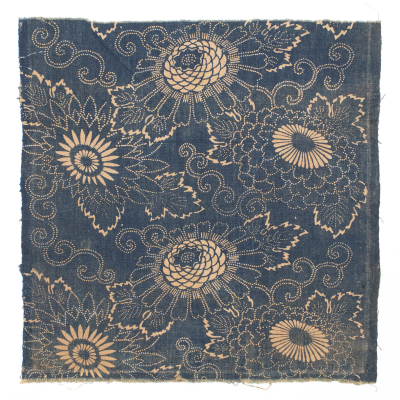 Indigo Cotton Katazome Fragment with Floral Motif