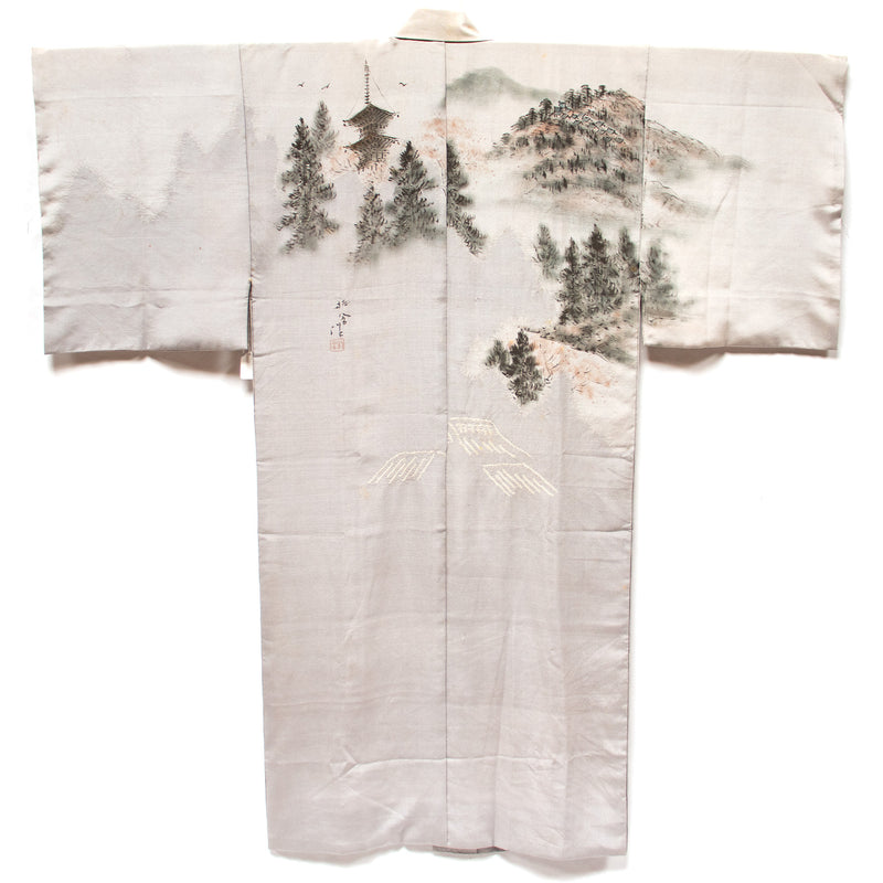Mens Vintage Silk Nagajuban with Forest Scene on Back