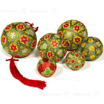 Green and Red Temari Ball Set of 6 - Traditional Folk Art Toy