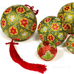 Green and Red Temari Ball Set of 6 - Traditional Folk Art Toy