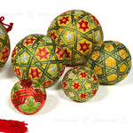 Green and Red Temari Ball Set of 6 - Traditional Folk Art Toy
