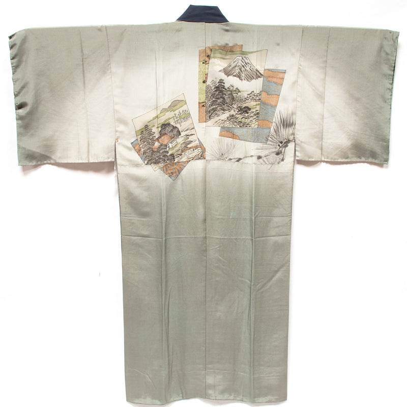 Mens Vintage Silk Nagajuban with Travel Scenes of Japan