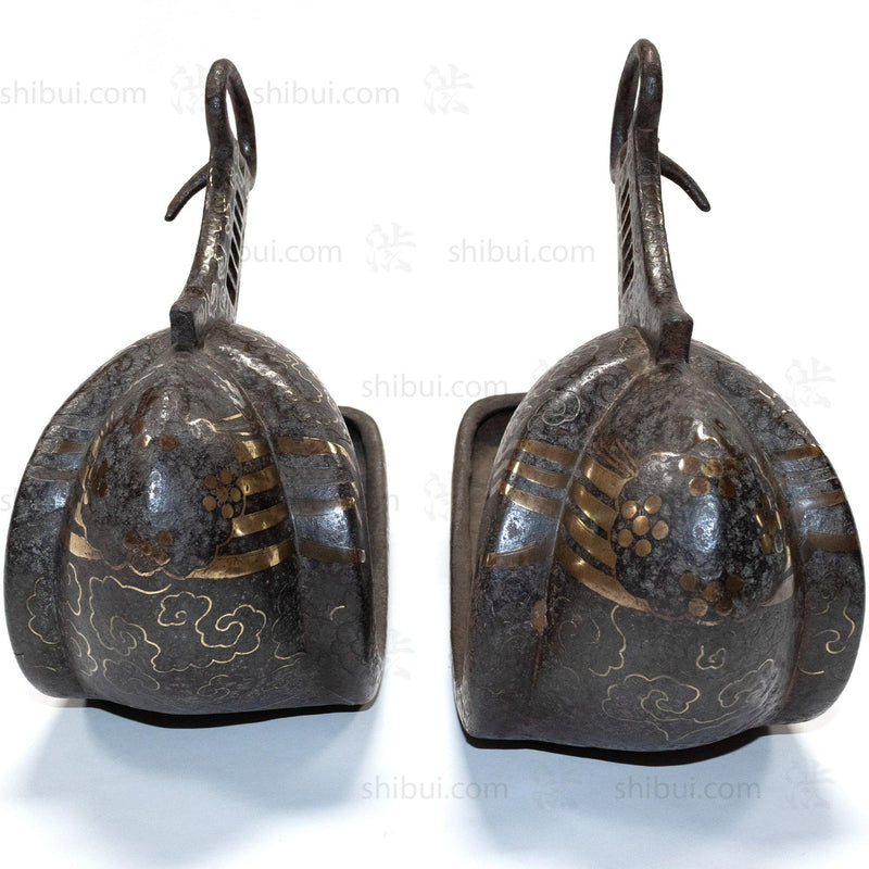 Japanese Antiques Abumi Pair of Stirrups with a Crab Motif
