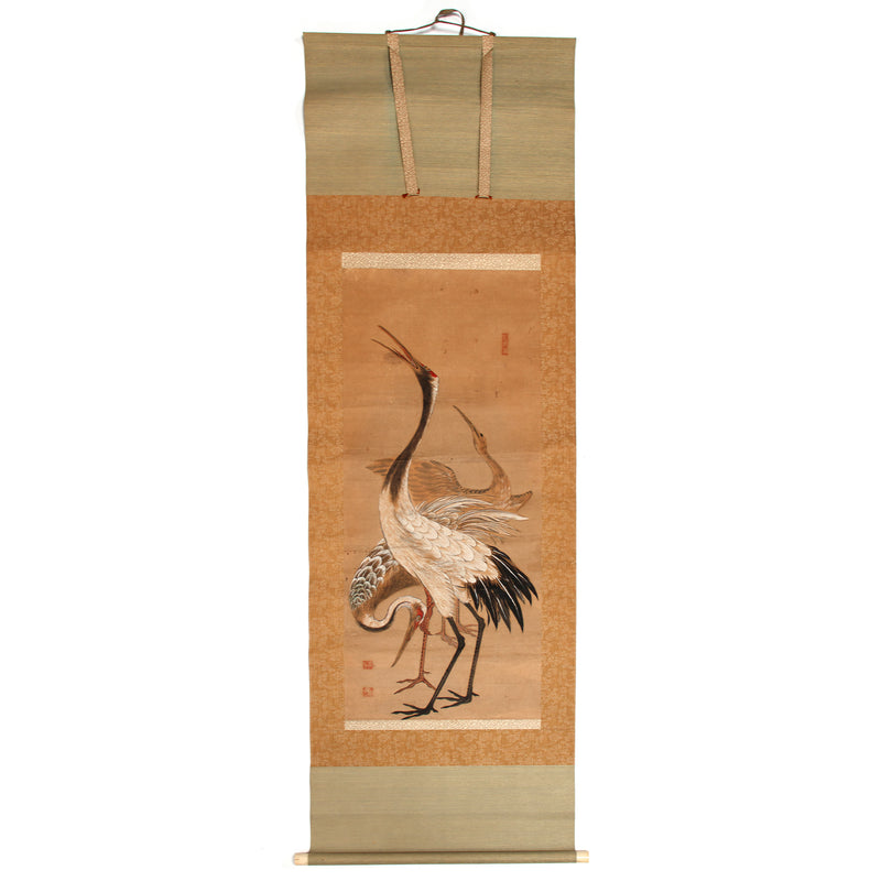 Antique Three Cranes Scroll | Cranes Play in the Valley