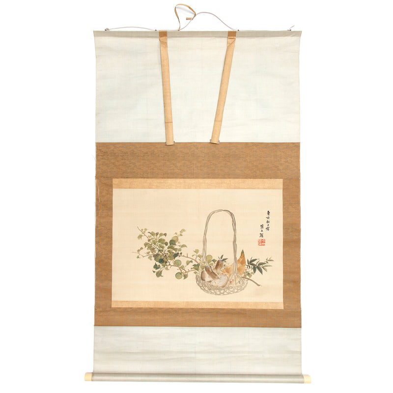 Matsutake and Bamboo Shoots | Foraging Basket Painting | Antique Scroll