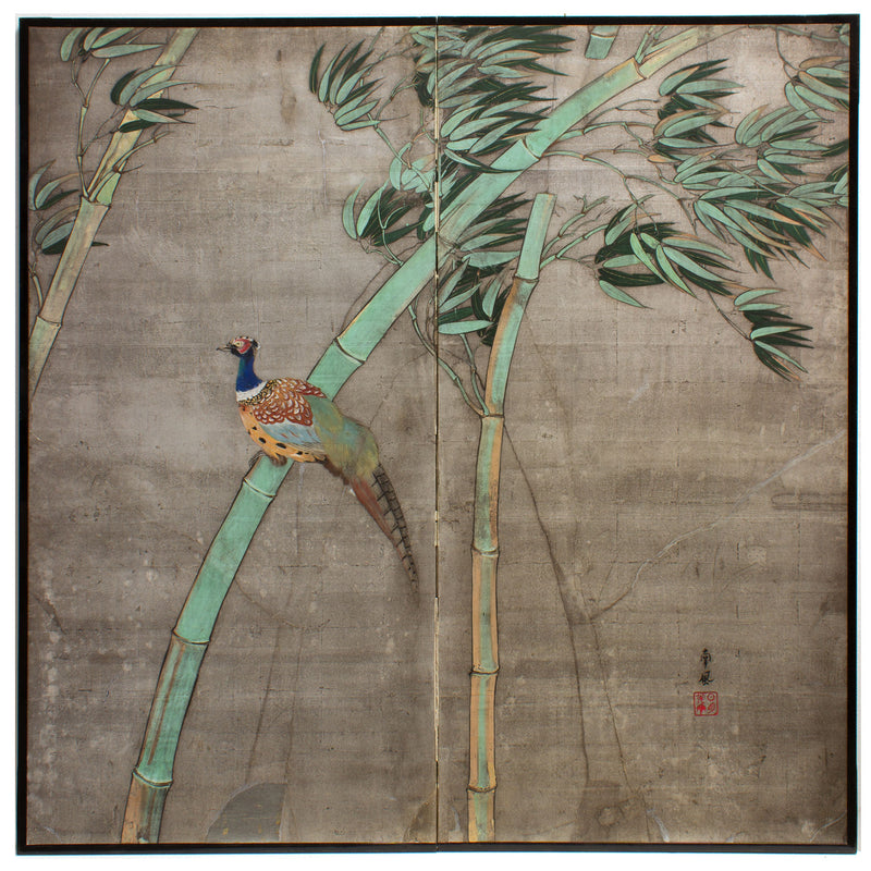 Japanese Antique Screen Panel Painting | Pheasant on Bamboo