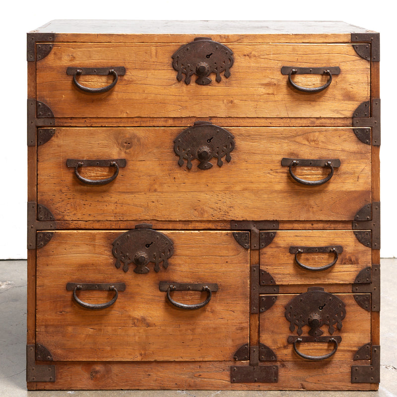 Kiri Ko Dansu with Fan Lockplates | Small Japanese Antique Tansu Personal Chest