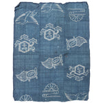 Japanese Indigo Kasuri Ikat 3 Panel Cloth with Tortise and Crane Motif