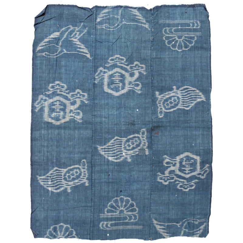 Japanese Indigo Kasuri Ikat 3 Panel Cloth with Tortise and Crane Motif
