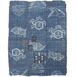 Japanese Indigo Kasuri Ikat 3 Panel Cloth with Tortise and Crane Motif