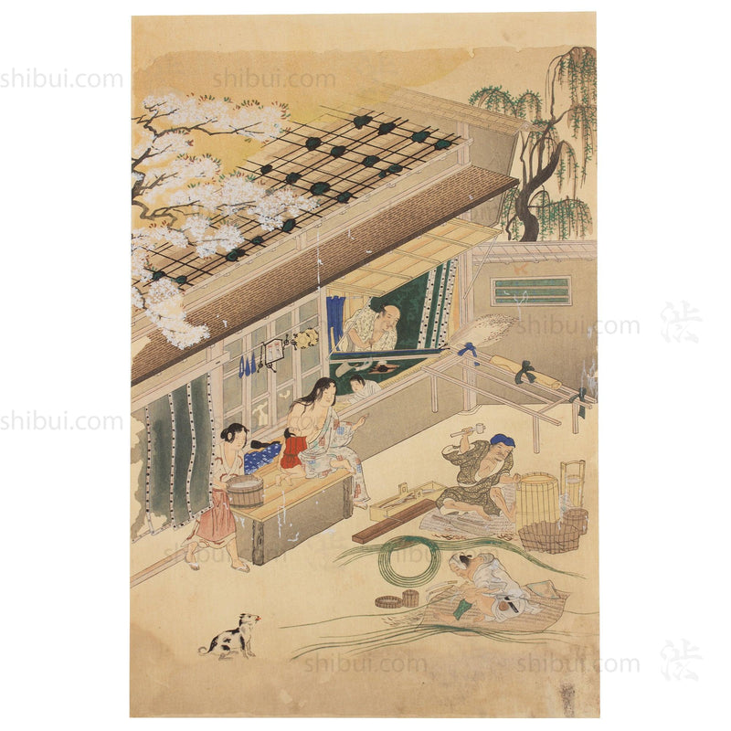 The Craftsmen's Life - Cooper & Tatami Maker | Antique Japanese Wood Block Print