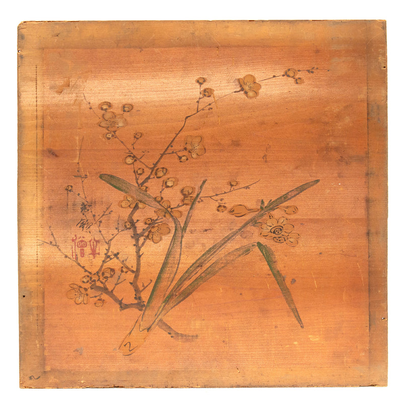 Antique Japanese Buddhist Temple Flowers Ceiling Painting