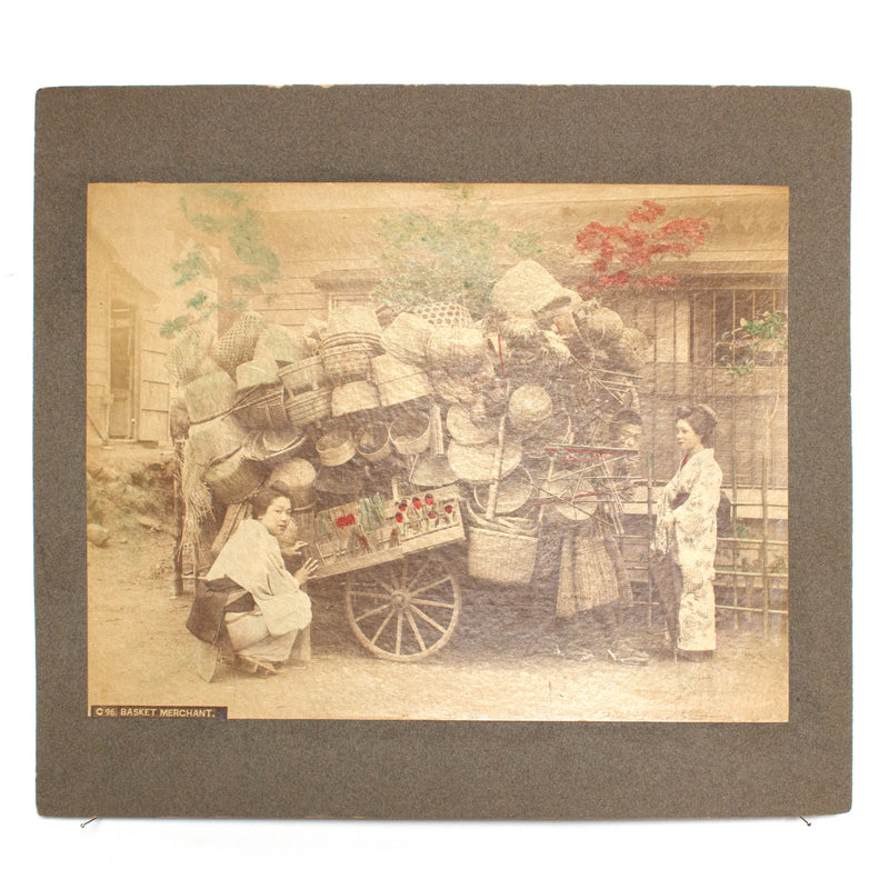 Hand-tinted Meiji Era Photograph | Basket Merchant | Japanese Antique Photography | Albumen Photography | Japanese Decor