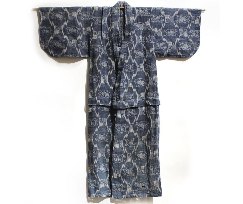 Front view | Japanese Antique (Late 19th Century) Children's Kasuri Kimono | Child's Robe | Daikoku Motif | Hand-Sewn Indigo Resist Dyed Linen | Japanese Ikat