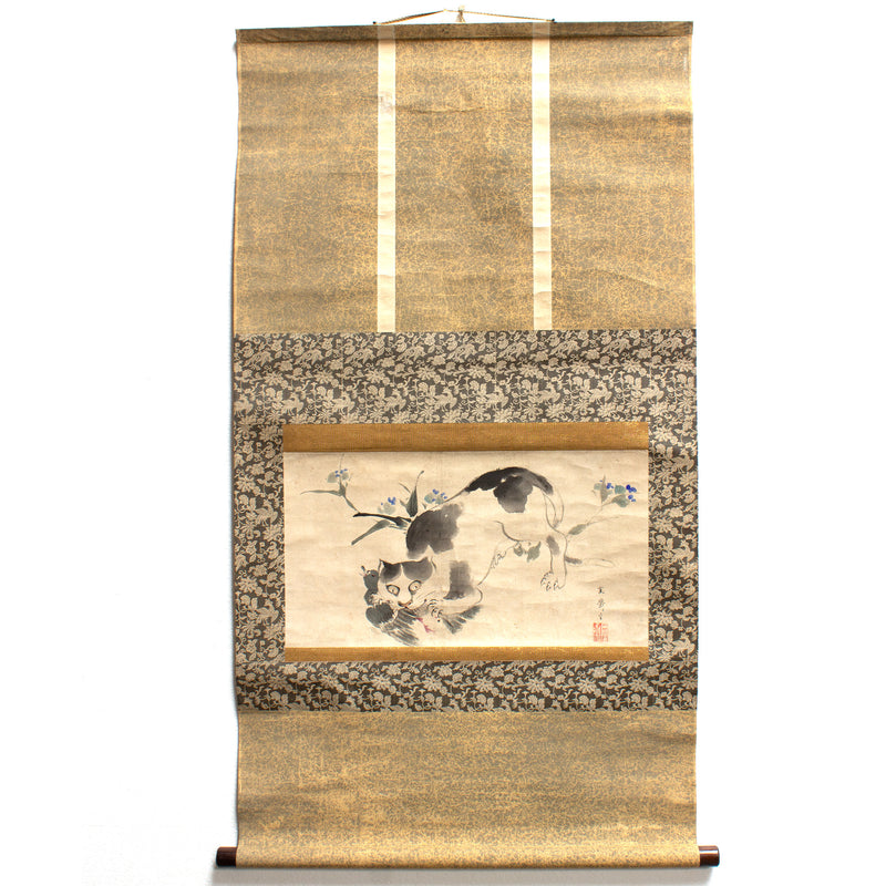 Japanese Art Painting on Scroll, Cat and Bird