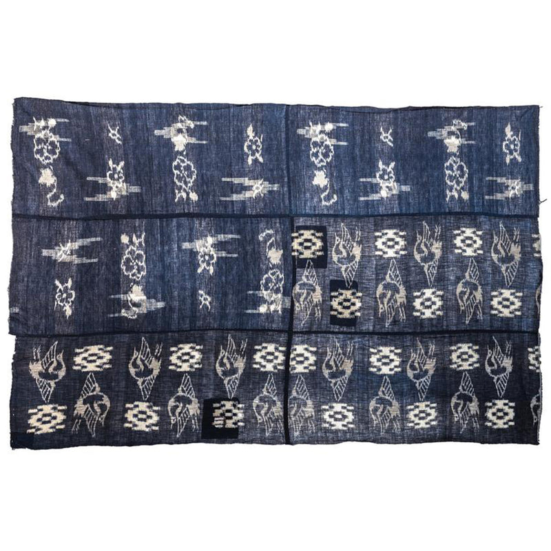 Japanese Antique  Kasuri Indigo Futon Cover | 3 Panel Bed Cover, Duvet | Indigo, Resist Dye Cotton | Crane, Floral Motif